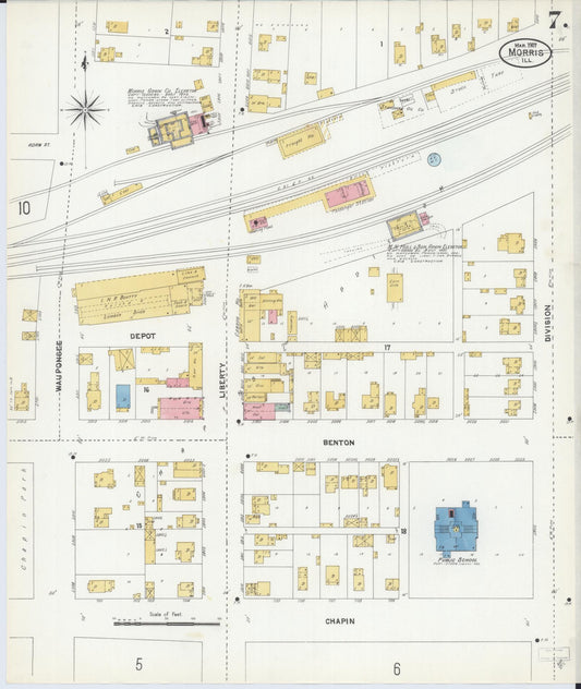 Sanborn Fire Insurance Map from Morris, Grundy County, Illinois (1907), Sheet #0007 - Historic Sanborn Fire Insurance Map Print, vintage old map wall art, antique decor, genealogy gift, Illinois Illinois map
