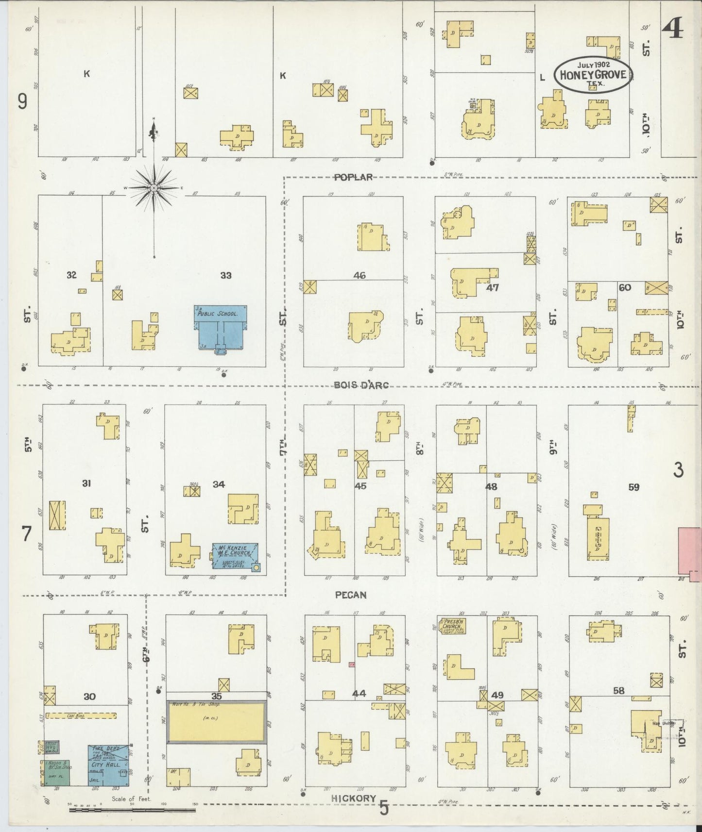 Sanborn Fire Insurance Map from Honey Grove, Fannin County, Texas (1902), Sheet #0004 - Complete Map Set gallery image, historic Sanborn map, vintage wall art, Texas Texas