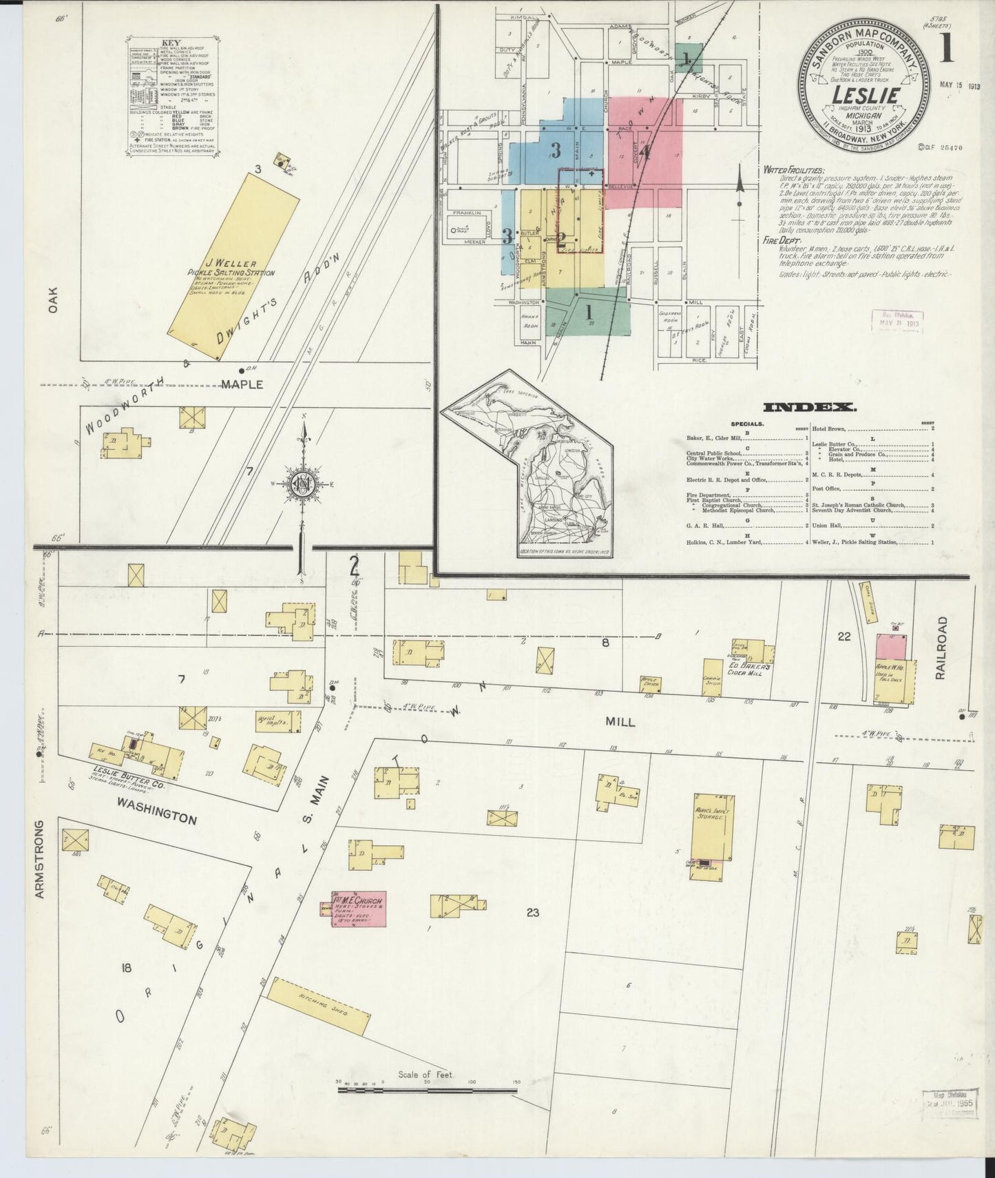 Sanborn Fire Insurance Map from Leslie, Ingham County, Michigan (1913), Sheet #0001 - Historic Sanborn Fire Insurance Map Print, vintage old map wall art, antique decor, genealogy gift, Michigan Michigan map