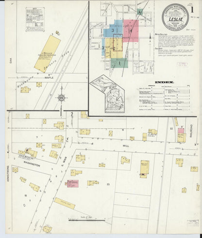 Sanborn Fire Insurance Map from Leslie, Ingham County, Michigan (1913), Sheet #0001 - Historic Sanborn Fire Insurance Map Print, vintage old map wall art, antique decor, genealogy gift, Michigan Michigan map