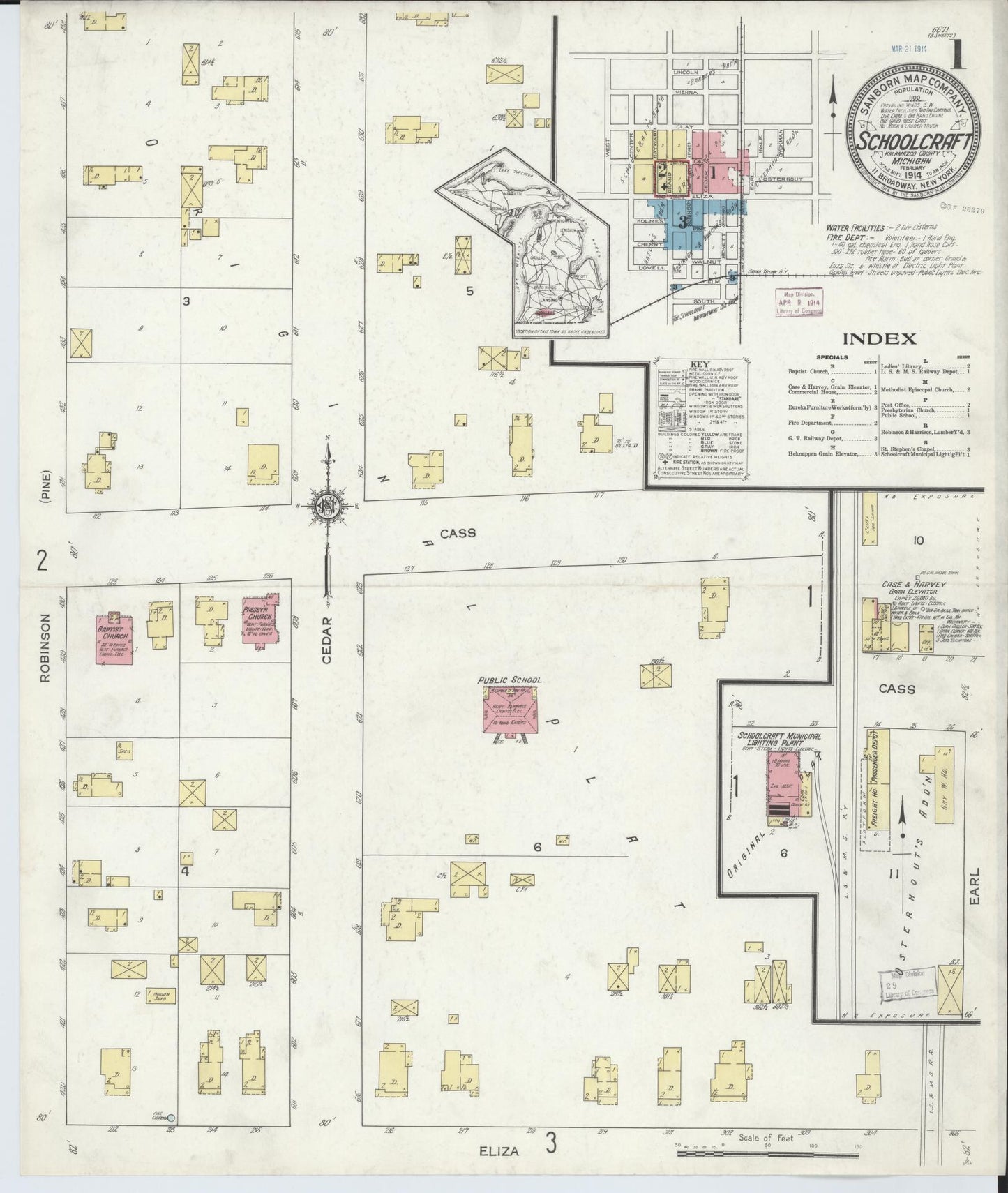Sanborn Fire Insurance Map from Schoolcraft, Kalamazoo County, Michigan (1914), Sheet #0001 - Historic Sanborn Fire Insurance Map Print, vintage old map wall art, antique decor, genealogy gift, Michigan Michigan map