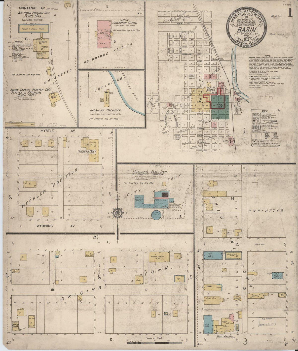 Sanborn Fire Insurance Map from Basin, Big Horn County, Wyoming (1914), Sheet #0001 - Complete Map Set gallery image, historic Sanborn map, vintage wall art, Wyoming Wyoming