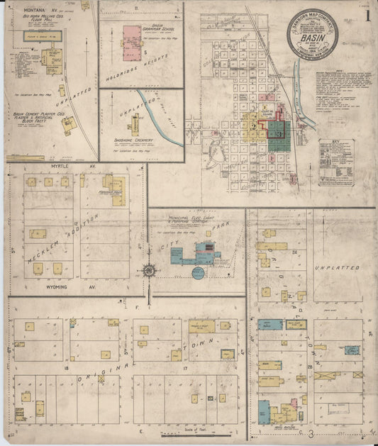 Sanborn Fire Insurance Map from Basin, Big Horn County, Wyoming (1914), Sheet #0001 - Complete Map Set gallery image, historic Sanborn map, vintage wall art, Wyoming Wyoming