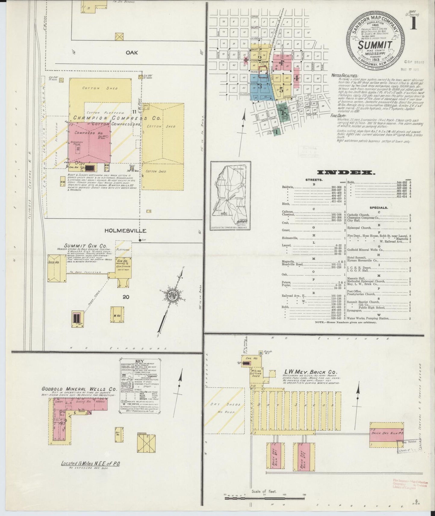 Sanborn Fire Insurance Map from Summit, Pike County, Mississippi (1913), Sheet #0001 - Historic Sanborn Fire Insurance Map Print, vintage old map wall art, antique decor, genealogy gift, Mississippi Mississippi map