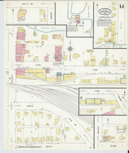 Sanborn Fire Insurance Map from Baraboo, Sauk County, Wisconsin (1913), Sheet #0014 - Historic Sanborn Fire Insurance Map Print, vintage old map wall art, antique decor, genealogy gift, Wisconsin Wisconsin map