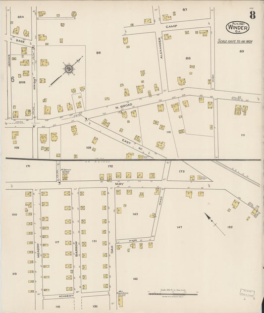 Sanborn Fire Insurance Map from Winder, Barrow County, Georgia (1921), Sheet #0008 - Historic Sanborn Fire Insurance Map Print, vintage old map wall art, antique decor, genealogy gift, Georgia Georgia map