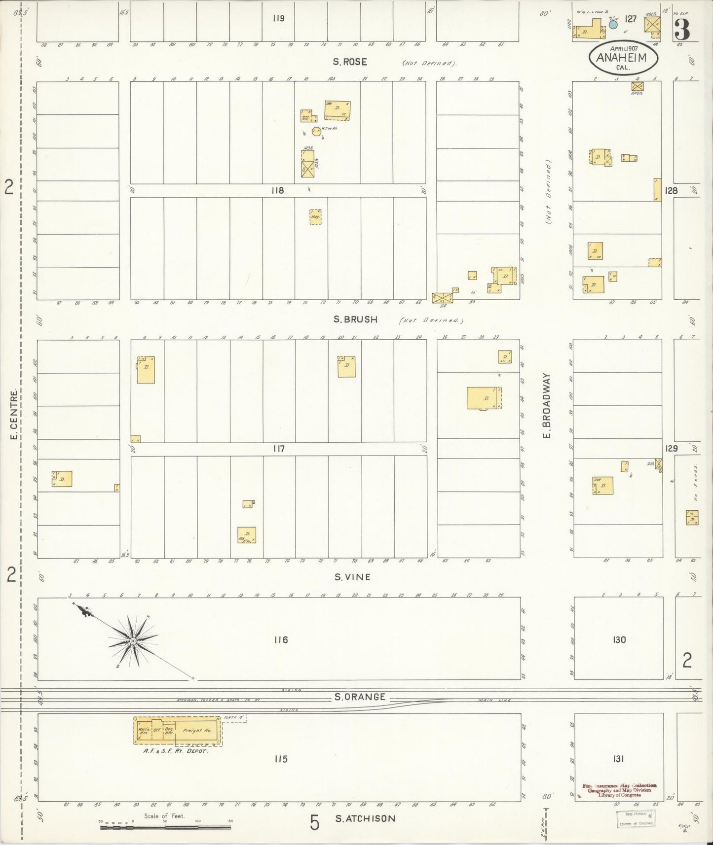 Sanborn Fire Insurance Map from Anaheim, Orange County, California (1907), Sheet #0003 - Historic Sanborn Fire Insurance Map Print, vintage old map wall art, antique decor, genealogy gift, California California map