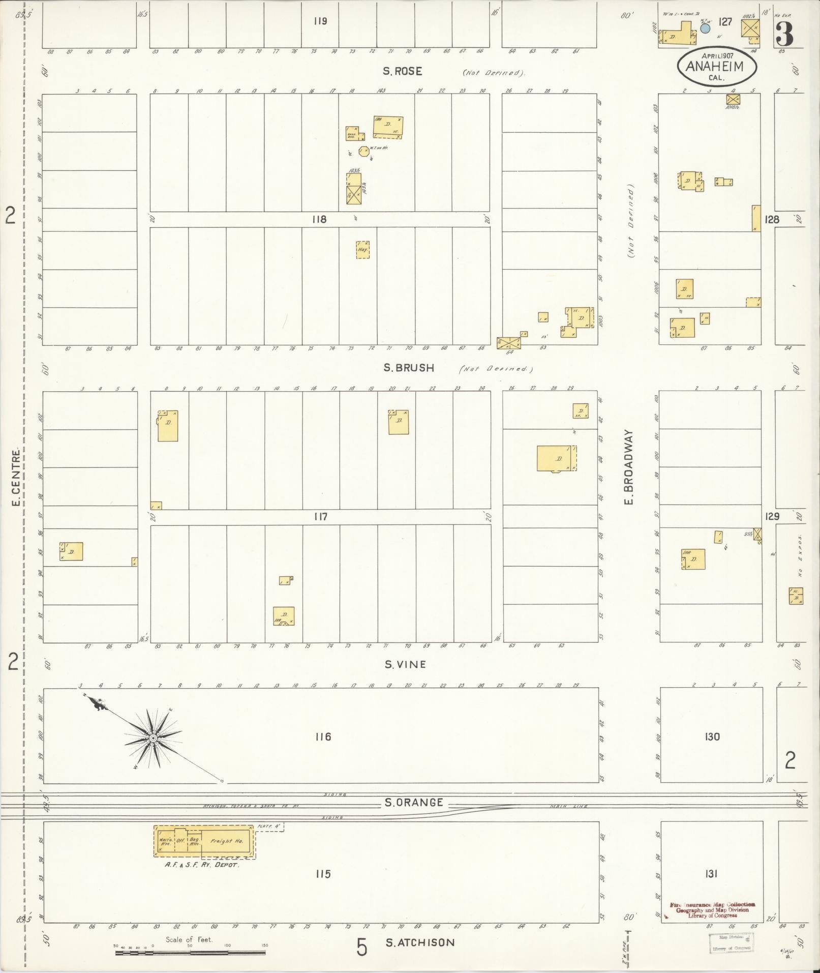 Sanborn Fire Insurance Map from Anaheim, Orange County, California (1907), Sheet #0003 - Historic Sanborn Fire Insurance Map Print, vintage old map wall art, antique decor, genealogy gift, California California map
