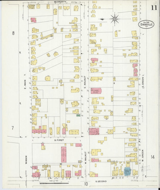 Sanborn Fire Insurance Map from Danville, Boyle County, Kentucky (1908), Sheet #0011 - Historic Sanborn Fire Insurance Map Print, vintage old map wall art, antique decor, genealogy gift, Kentucky Kentucky map