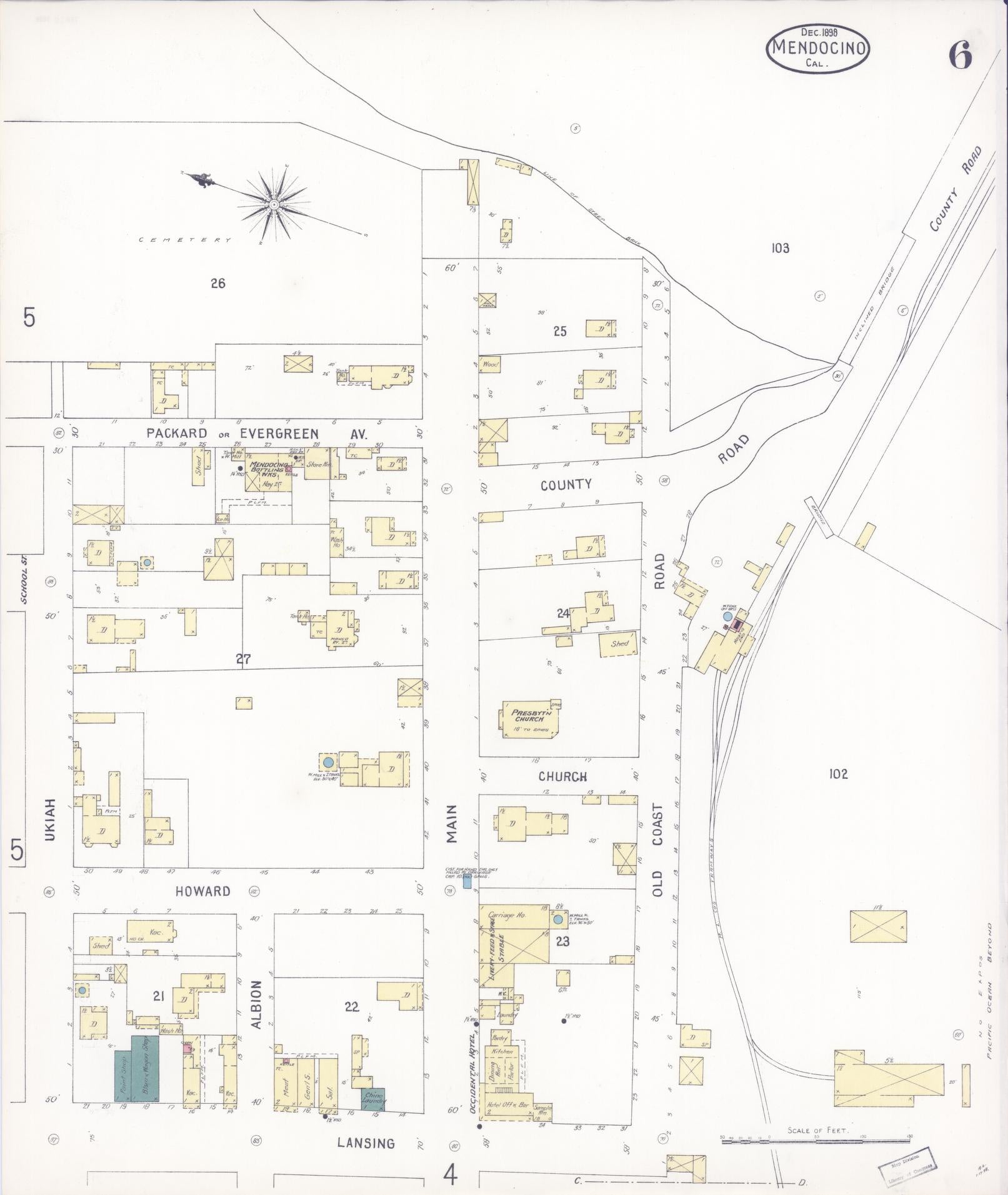 Sanborn Fire Insurance Map from Mendocino, Mendocino County, California (1898), Sheet #0006 - Complete Map Set gallery image, historic Sanborn map, vintage wall art, California California