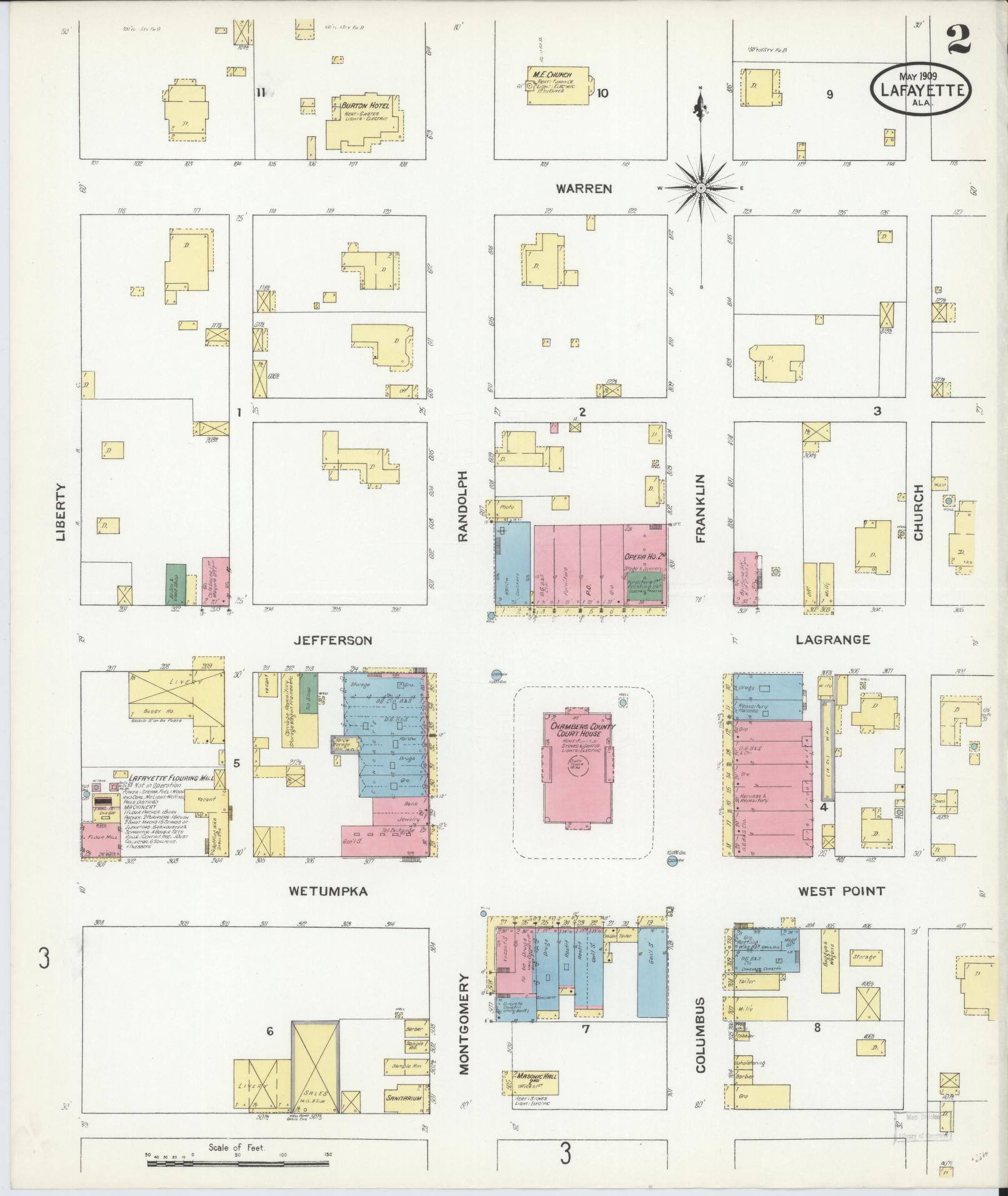 Sanborn Fire Insurance Map from Lafayette, Chambers County, Alabama (1909), Sheet #0002 - Historic Sanborn Fire Insurance Map Print, vintage old map wall art, antique decor, genealogy gift, Alabama Alabama map