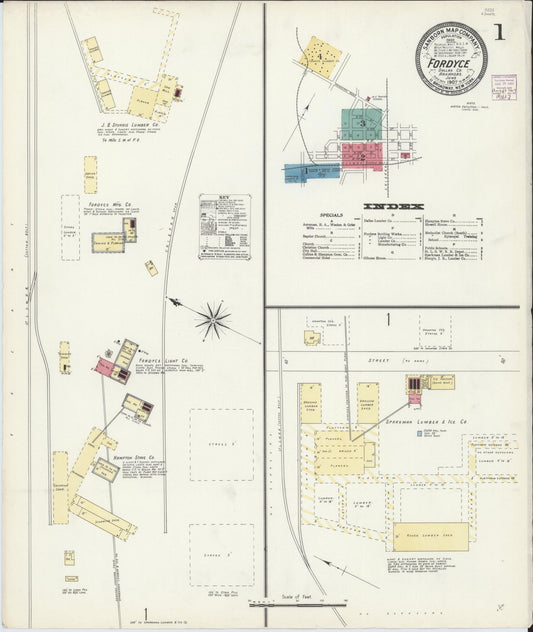 Sanborn Fire Insurance Map from Fordyce, Dallas County, Arkansas (1907), Sheet #0001 - Complete Map Set gallery image, historic Sanborn map, vintage wall art, Arkansas Arkansas