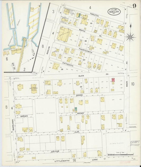 Sanborn Fire Insurance Map from Sea Cliff, Nassau County, New York (1908), Sheet #0009 - Historic Sanborn Fire Insurance Map Print, vintage old map wall art, antique decor, genealogy gift, New York New York map