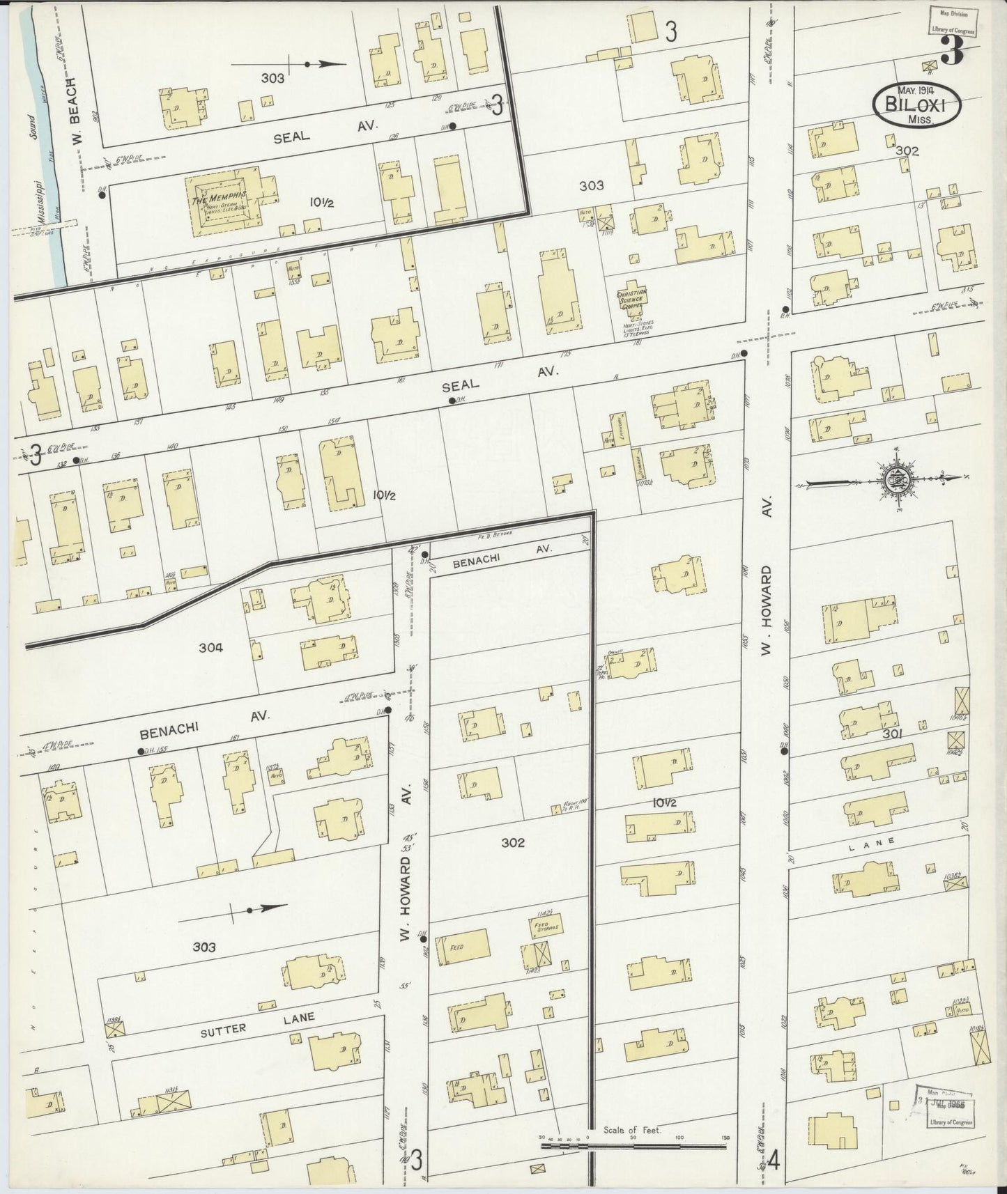 Sanborn Fire Insurance Map from Biloxi, Harrison County, Mississippi (1914), Sheet #0003 - Complete Map Set gallery image, historic Sanborn map, vintage wall art, Mississippi Mississippi
