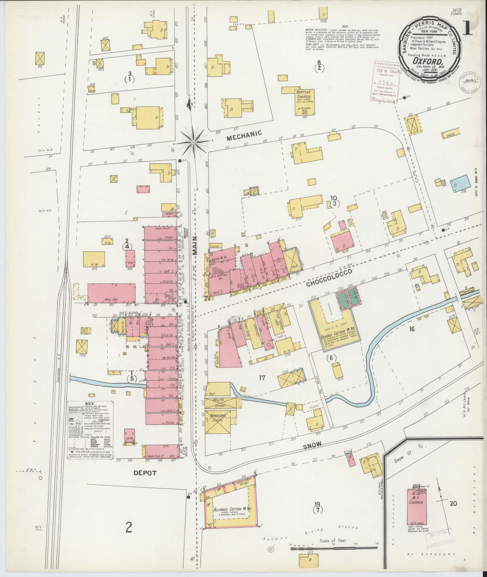 Sanborn Fire Insurance Map from Oxford, Calhoun County, Alabama (1900), Sheet #0001 - Historic Sanborn Fire Insurance Map Print, vintage old map wall art, antique decor, genealogy gift, Alabama Alabama map