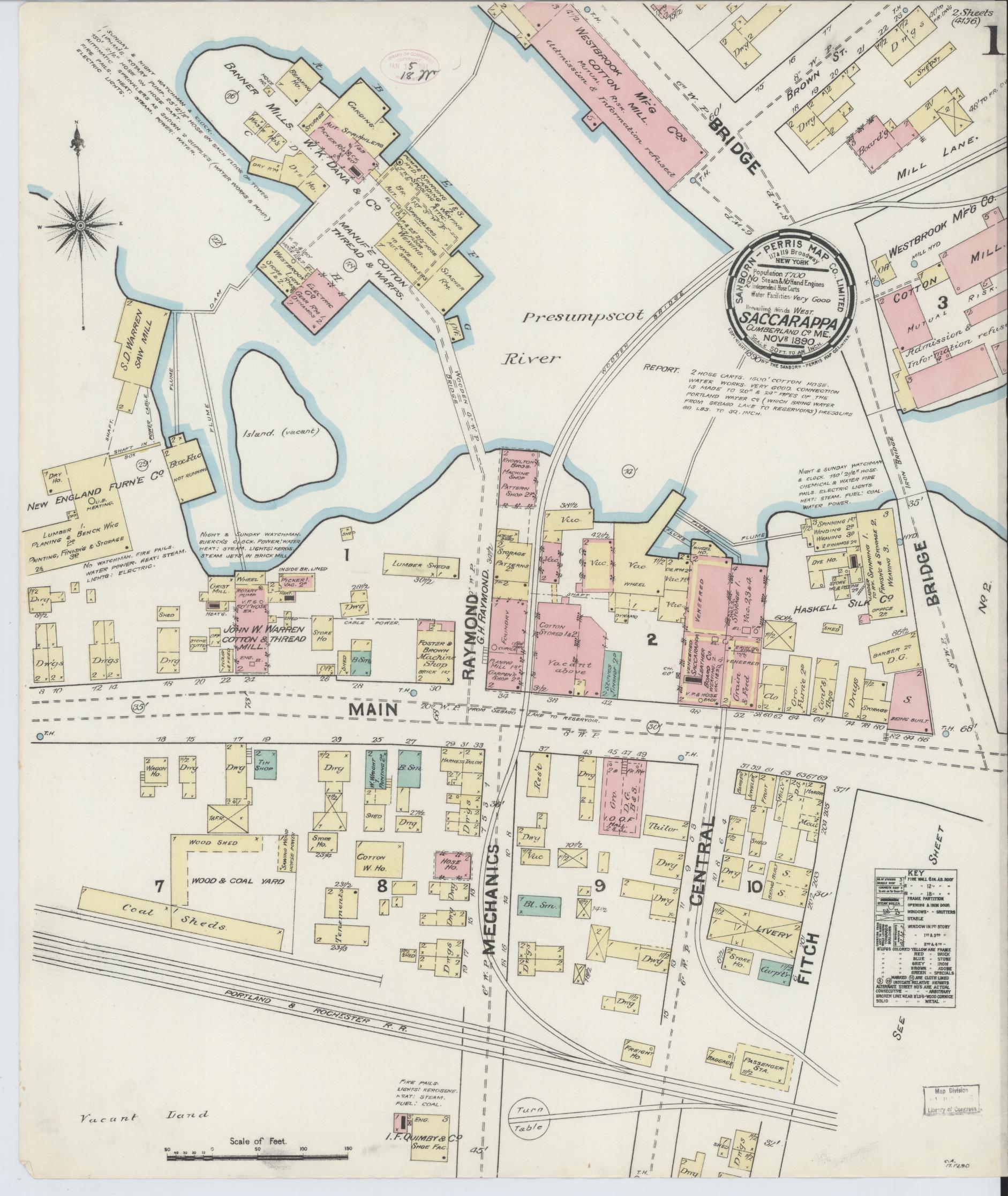 Sanborn Fire Insurance Map from Saccarappa, Cumberland County, Maine. (1890) – Historic Sanborn Fire Insurance Map Print