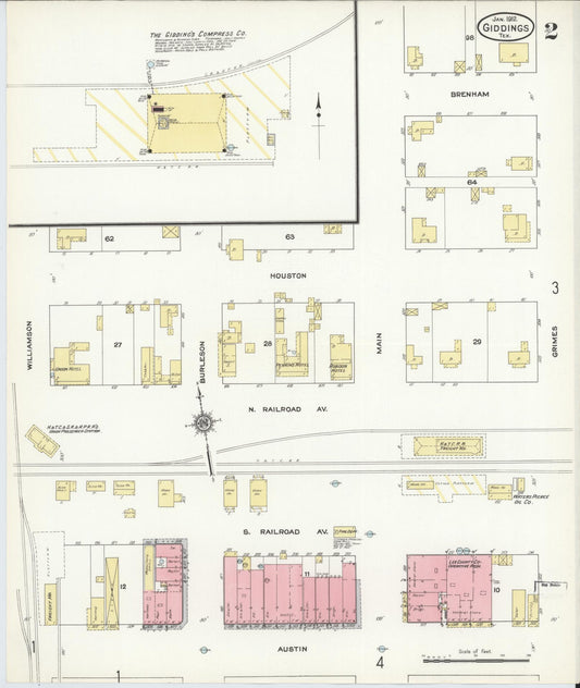 Sanborn Fire Insurance Map from Giddings, Lee County, Texas (1912), Sheet #0002 - Historic Sanborn Fire Insurance Map Print, vintage old map wall art, antique decor, genealogy gift, Texas Texas map