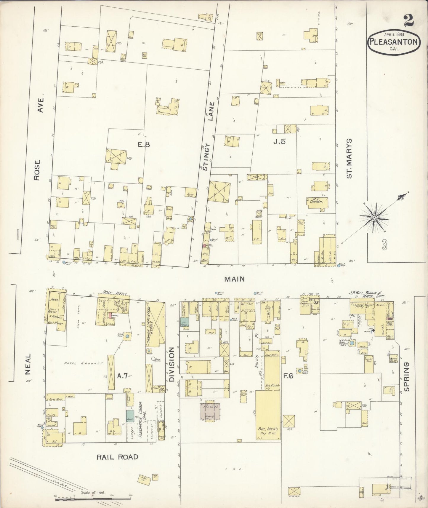 Sanborn Fire Insurance Map from Pleasanton, Alameda County, California (1893), Sheet #0002 - Complete Map Set gallery image, historic Sanborn map, vintage wall art, California California