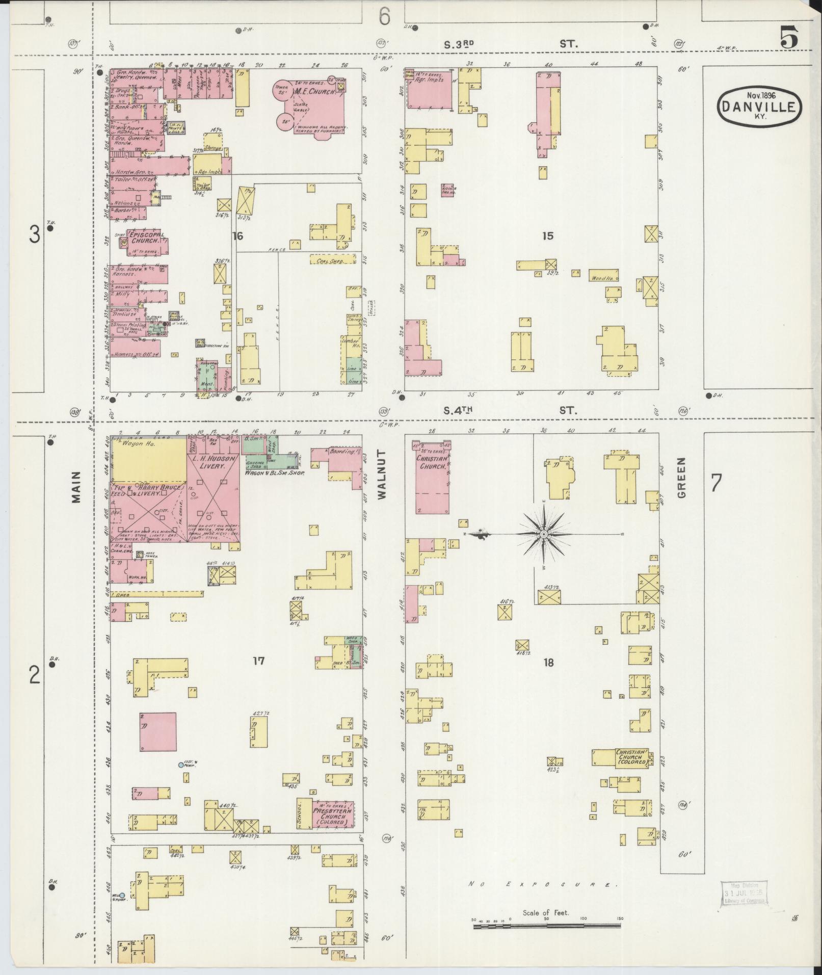 Sanborn Fire Insurance Map from Danville, Boyle County, Kentucky (1896), Sheet #0005 - Historic Sanborn Fire Insurance Map Print, vintage old map wall art, antique decor, genealogy gift, Kentucky Kentucky map