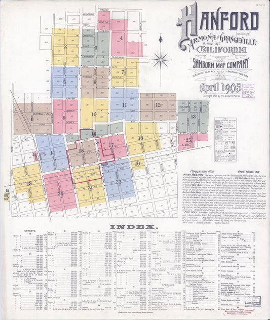 Sanborn Fire Insurance Map from Hanford, Kings County, California (1905), Sheet #0001 - Complete Map Set gallery image, historic Sanborn map, vintage wall art, California California