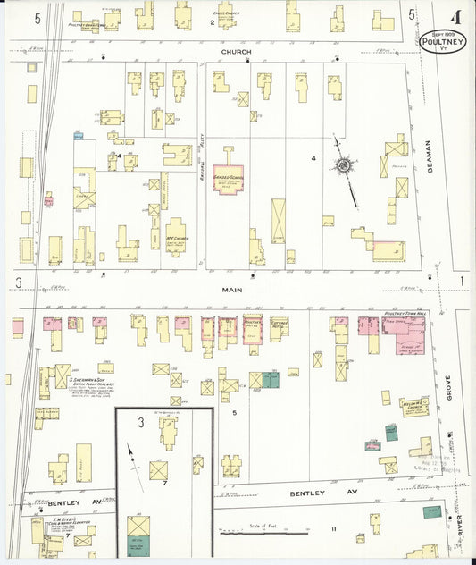 Sanborn Fire Insurance Map from Poultney, Rutland County, Vermont (1909), Sheet #0004 - Historic Sanborn Fire Insurance Map Print, vintage old map wall art, antique decor, genealogy gift, Vermont Vermont map