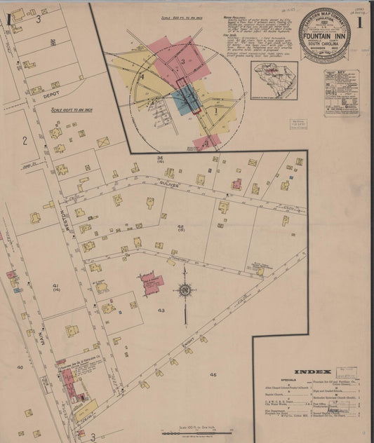 Sanborn Fire Insurance Map from Fountain Inn, Greenville And Laurens County, South Carolina (1922), Sheet #0001 - Complete Map Set gallery image, historic Sanborn map, vintage wall art, South Carolina South Carolina