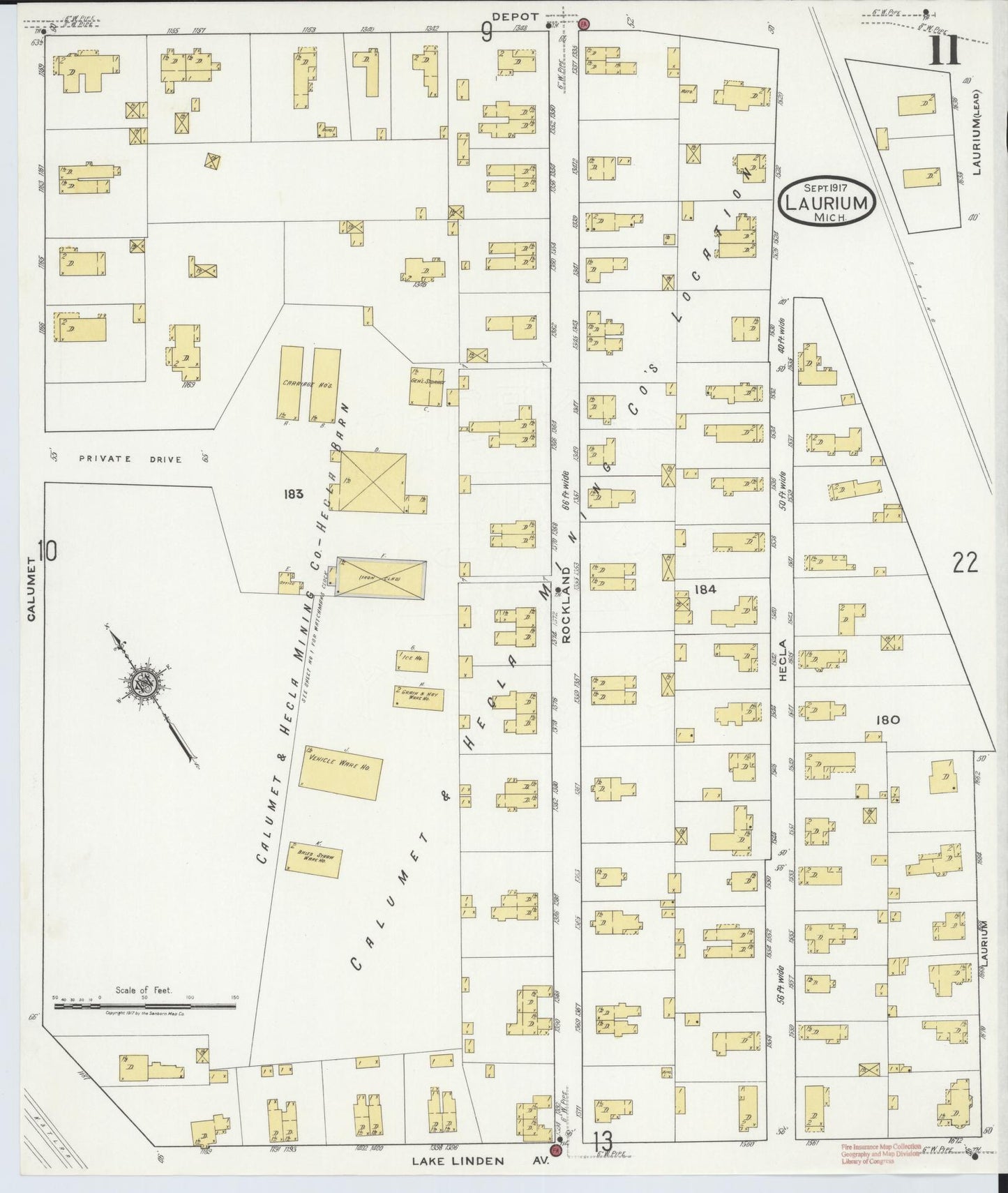 Sanborn Fire Insurance Map from Laurium, Houghton County, Michigan (1917), Sheet #0011 - Complete Map Set gallery image, historic Sanborn map, vintage wall art, Michigan Michigan