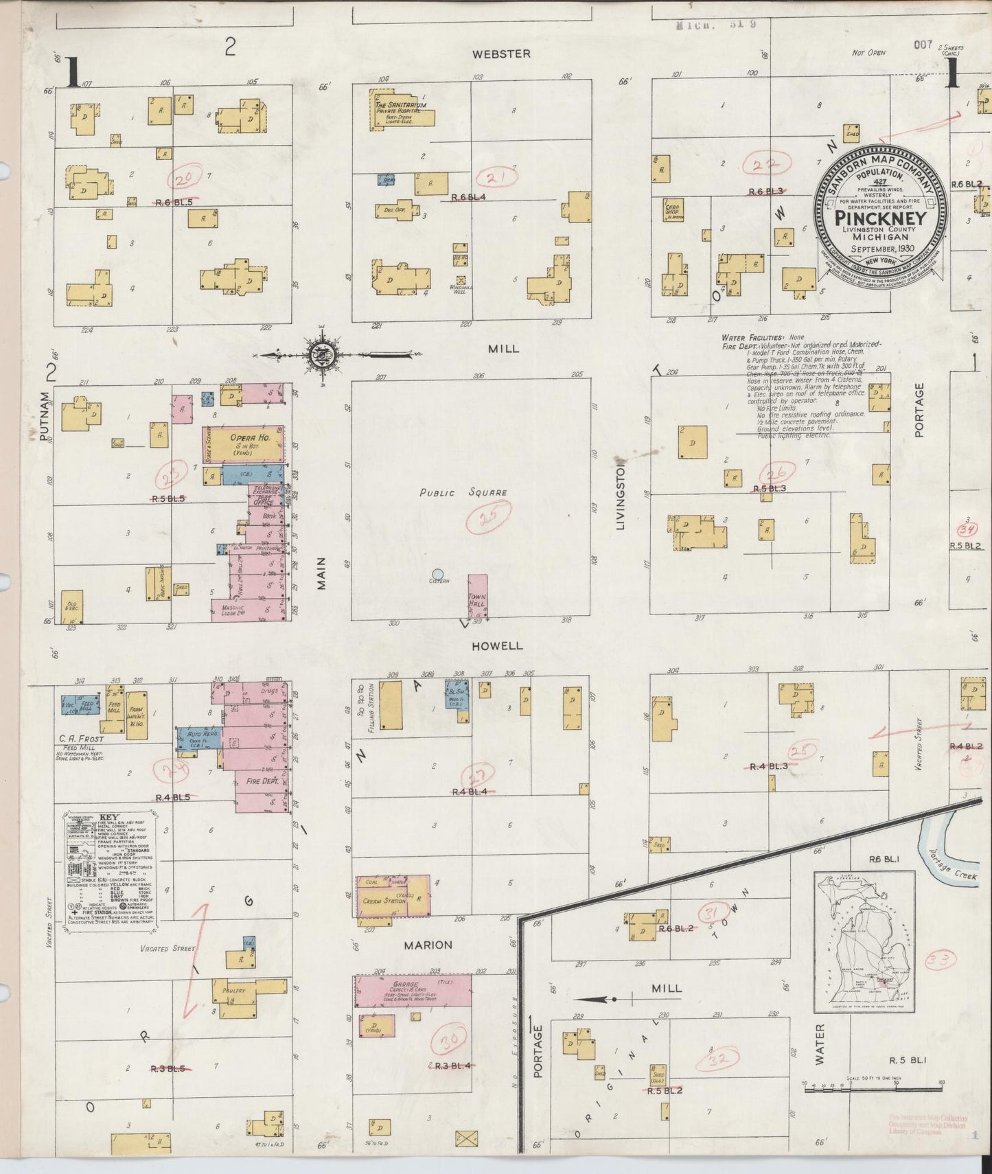 Sanborn Fire Insurance Map from Pinckney, Livingston County, Michigan (1930), Sheet #0001 - Complete Map Set gallery image, historic Sanborn map, vintage wall art, Michigan Michigan
