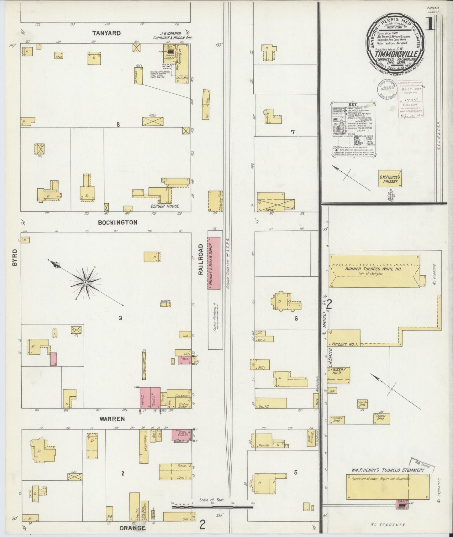 Sanborn Fire Insurance Map from Timmonsville, Florence County, South Carolina (1899), Sheet #0001 - Historic Sanborn Fire Insurance Map Print, vintage old map wall art, antique decor, genealogy gift, South Carolina South Carolina map