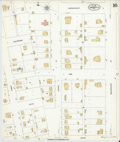 Sanborn Fire Insurance Map from San Angelo, Tom Green County, Texas (1908), Sheet #0016 - Historic Sanborn Fire Insurance Map Print, vintage old map wall art, antique decor, genealogy gift, Texas Texas map