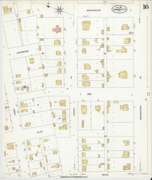 Sanborn Fire Insurance Map from San Angelo, Tom Green County, Texas (1908), Sheet #0016 - Historic Sanborn Fire Insurance Map Print, vintage old map wall art, antique decor, genealogy gift, Texas Texas map