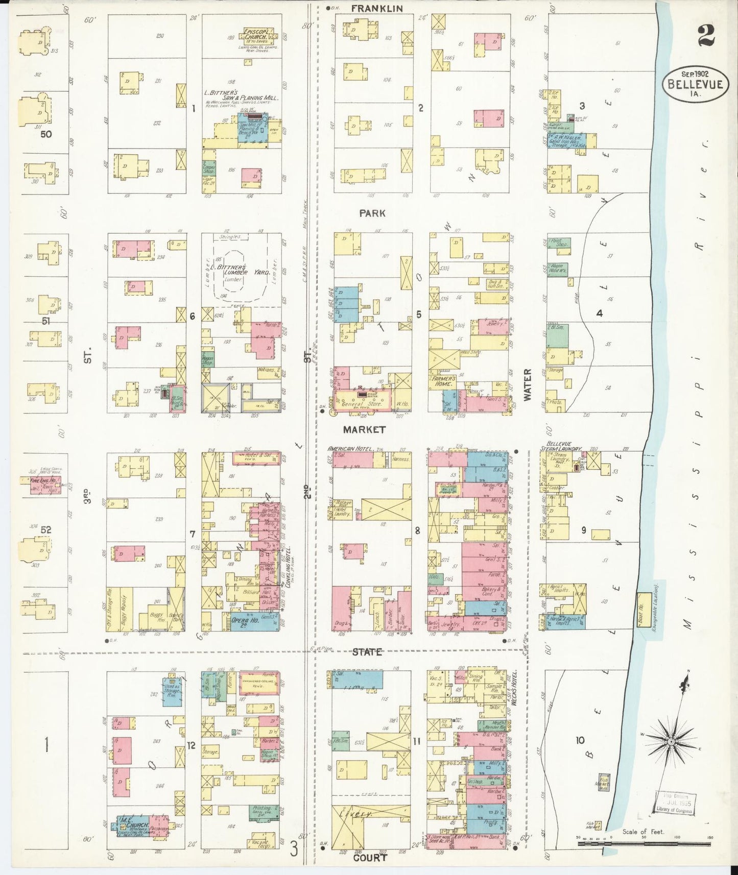 Sanborn Fire Insurance Map from Bellevue, Jackson County, Iowa (1902), Sheet #0002 - Historic Sanborn Fire Insurance Map Print, vintage old map wall art