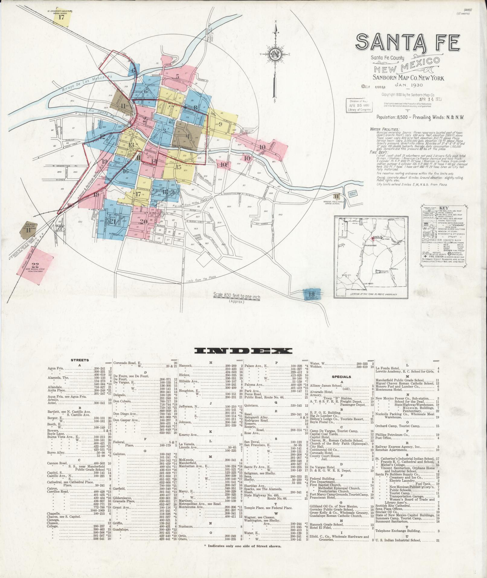 Sanborn Fire Insurance Map from Santa Fe, Santa Fe County, New Mexico (1930), Sheet #0001 - Complete Map Set gallery image, historic Sanborn map, vintage wall art, New Mexico New Mexico