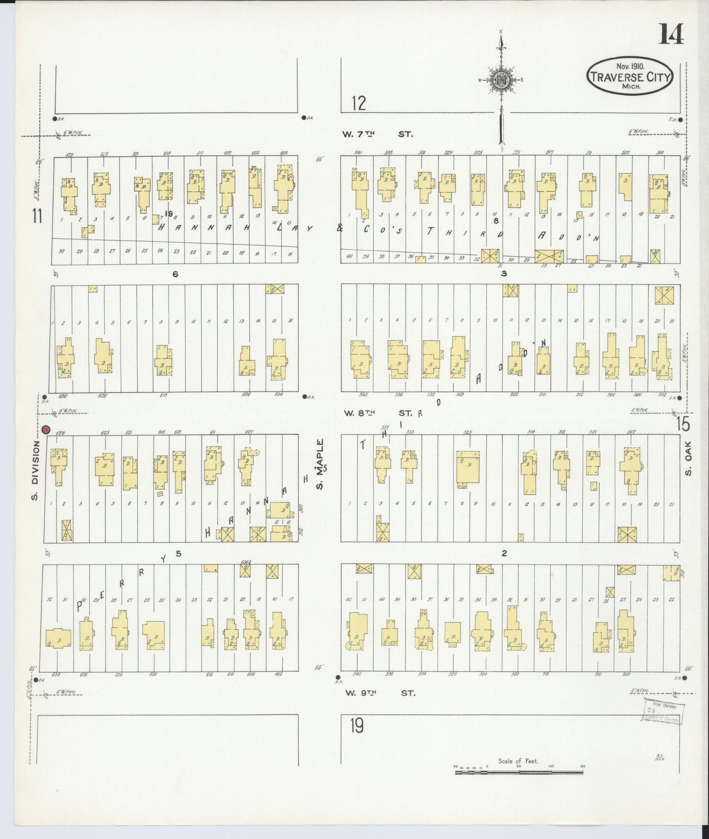 Sanborn Fire Insurance Map from Traverse City, Grand Traverse County, Michigan (1910), Sheet #0014 - Historic Sanborn Fire Insurance Map Print, vintage old map wall art, antique decor, genealogy gift, Michigan Michigan map