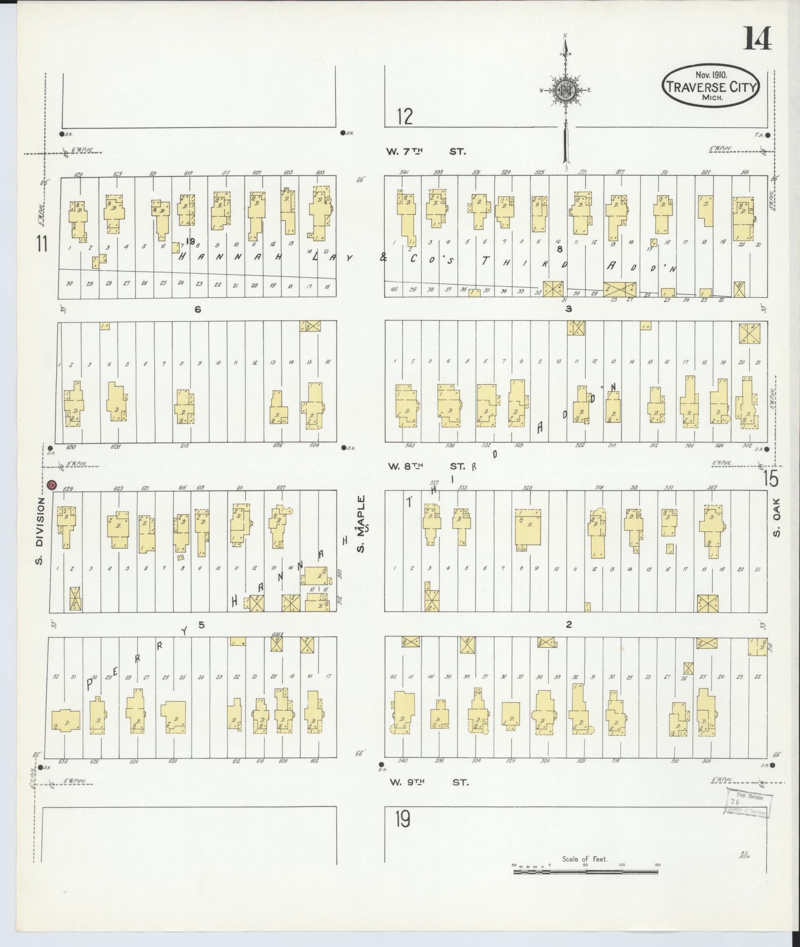 Sanborn Fire Insurance Map from Traverse City, Grand Traverse County, Michigan (1910), Sheet #0014 - Historic Sanborn Fire Insurance Map Print, vintage old map wall art, antique decor, genealogy gift, Michigan Michigan map
