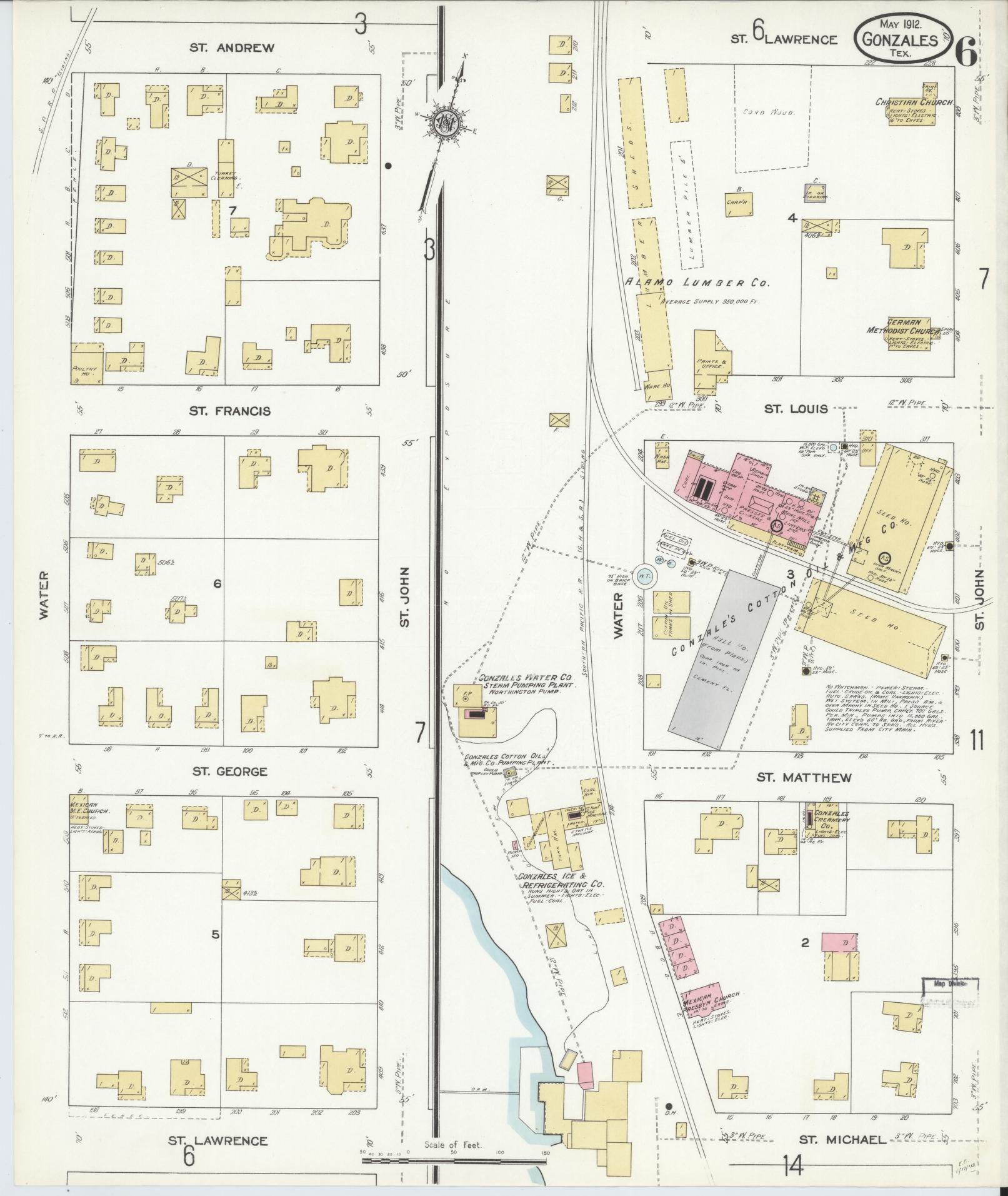 Sanborn Fire Insurance Map from Gonzales, Gonzales County, Texas (1912), Sheet #0006 - Complete Map Set gallery image, historic Sanborn map, vintage wall art, Texas Texas