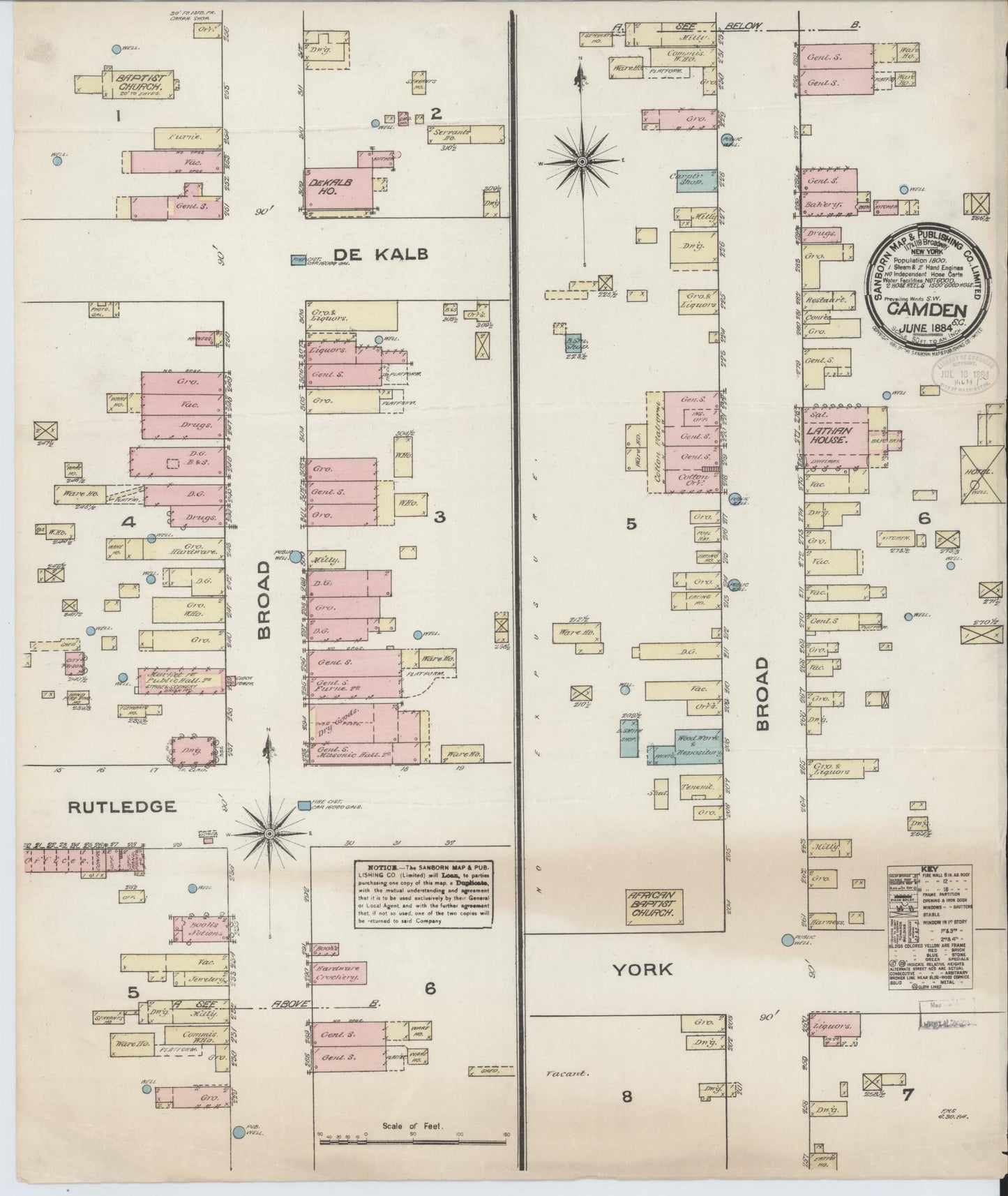 Sanborn Fire Insurance Map from Camden, Kershaw County, South Carolina (1884), Sheet #0001 - Complete Map Set gallery image, historic Sanborn map, vintage wall art, South Carolina South Carolina