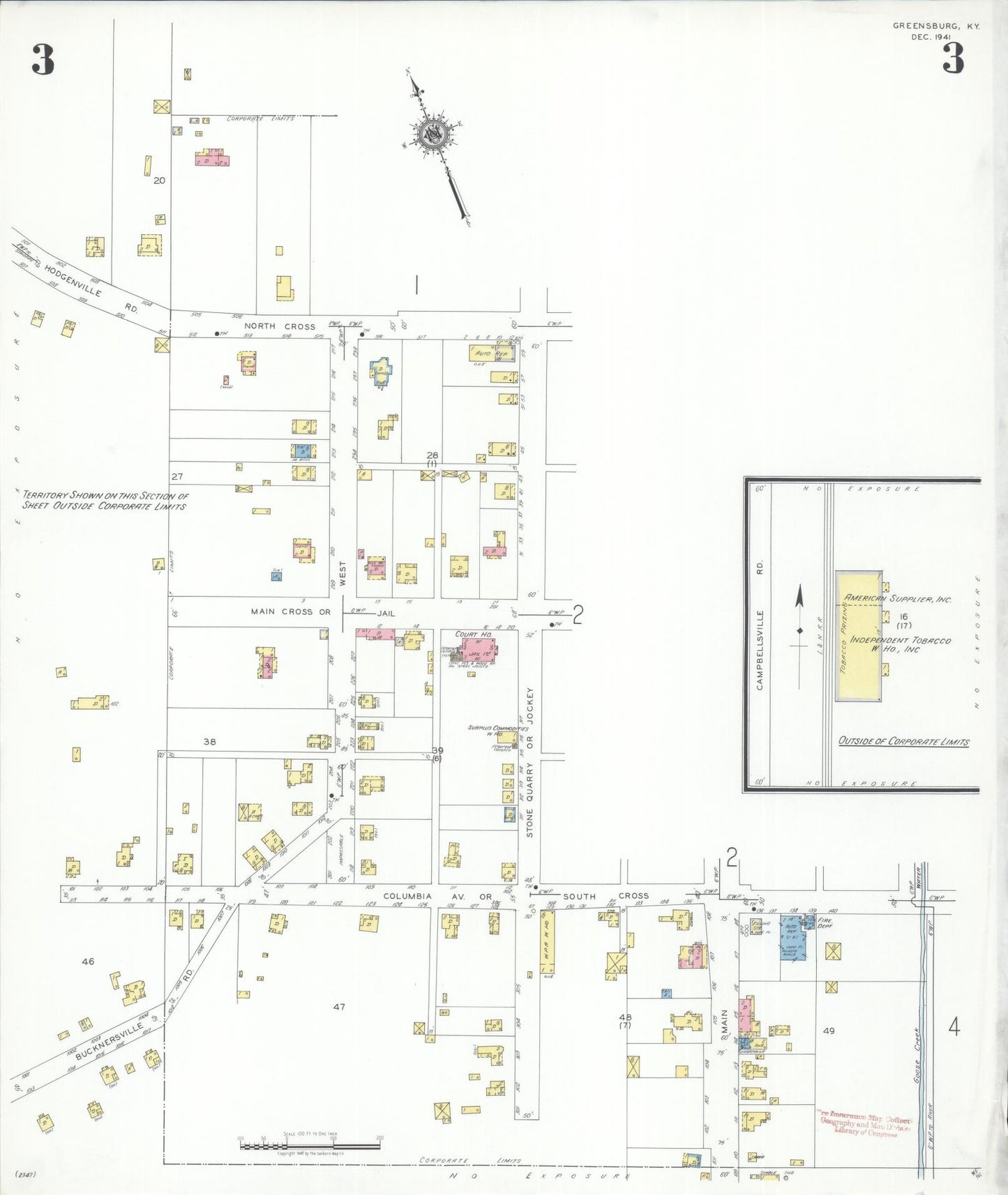 Sanborn Fire Insurance Map from Greensburg, Green County, Kentucky (1941), Sheet #0003 - Complete Map Set gallery image, historic Sanborn map, vintage wall art, Kentucky Kentucky