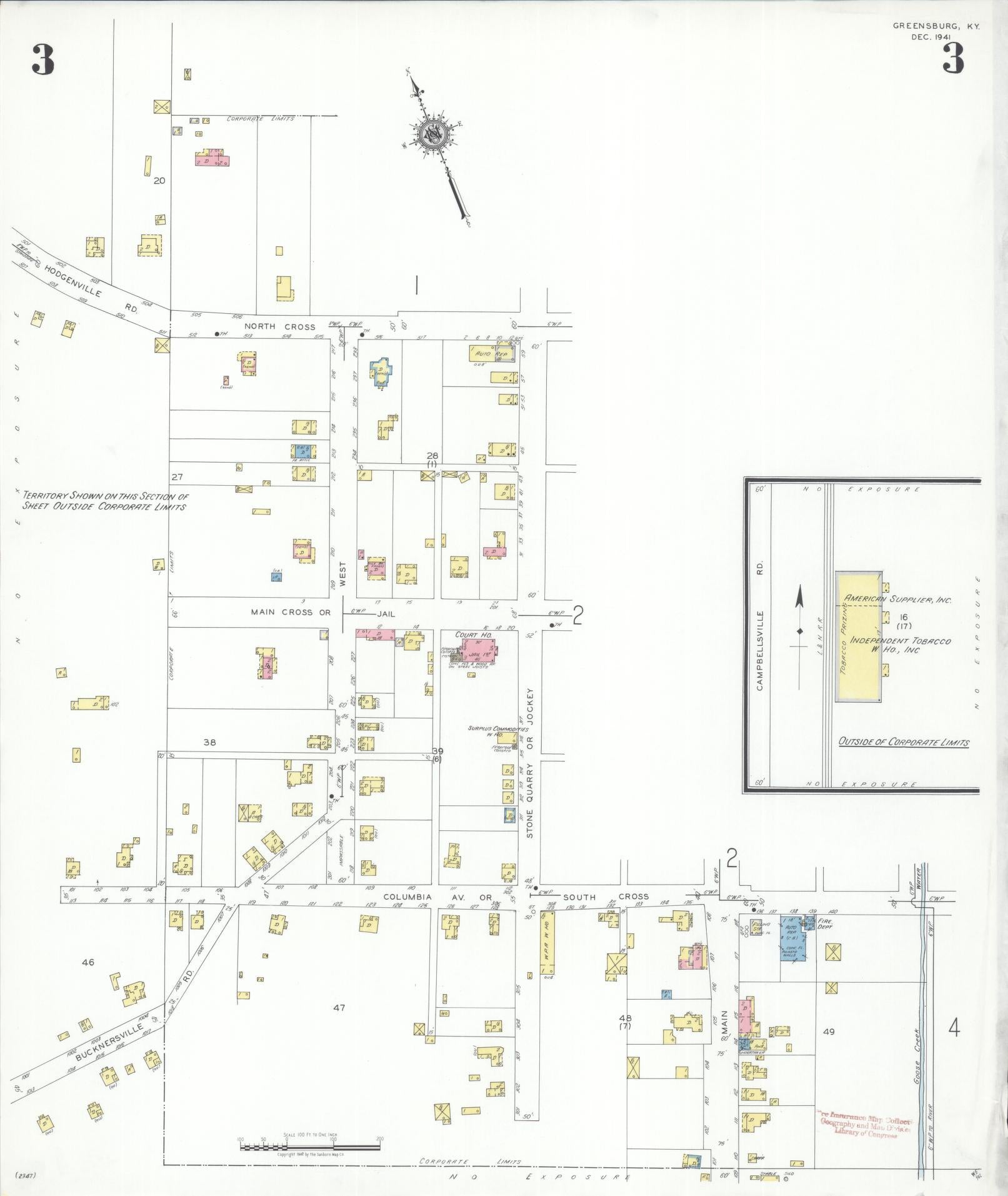 Sanborn Fire Insurance Map from Greensburg, Green County, Kentucky (1941), Sheet #0003 - Complete Map Set gallery image, historic Sanborn map, vintage wall art, Kentucky Kentucky