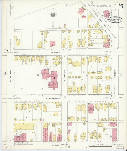 Sanborn Fire Insurance Map from Greensburg, Decatur County, Indiana (1913), Sheet #0007 - Historic Sanborn Fire Insurance Map Print, vintage old map wall art, antique decor, genealogy gift, Indiana Indiana map