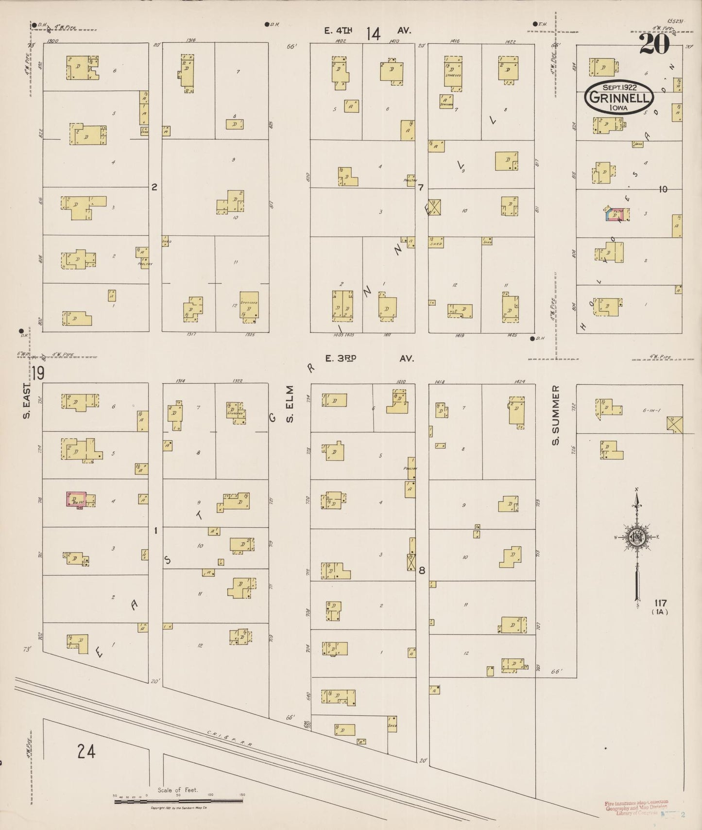 Sanborn Fire Insurance Map from Grinnell, Poweshiek County, Iowa (1922), Sheet #0020 - Historic Sanborn Fire Insurance Map Print, vintage old map wall art