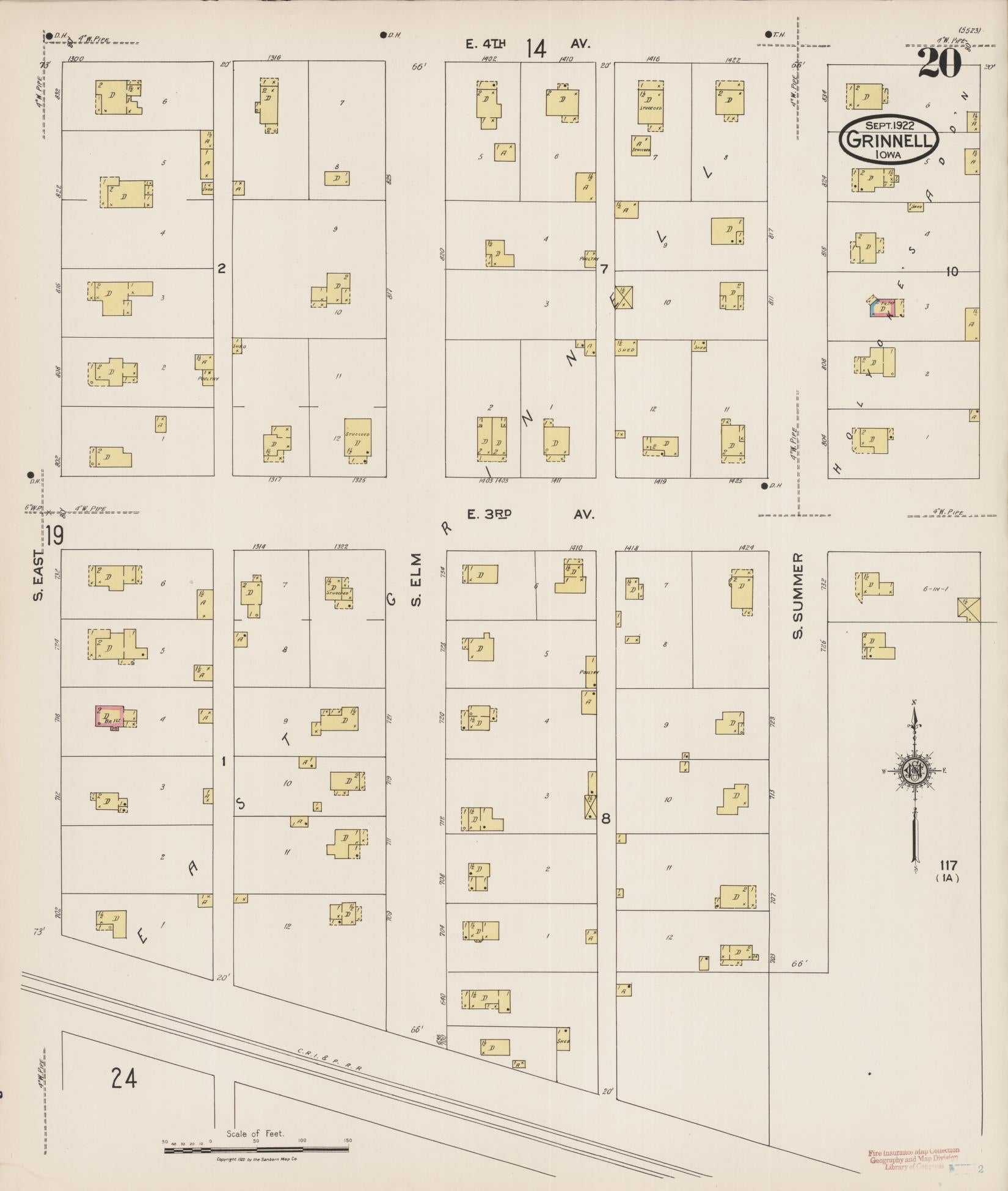 Sanborn Fire Insurance Map from Grinnell, Poweshiek County, Iowa (1922), Sheet #0020 - Historic Sanborn Fire Insurance Map Print, vintage old map wall art