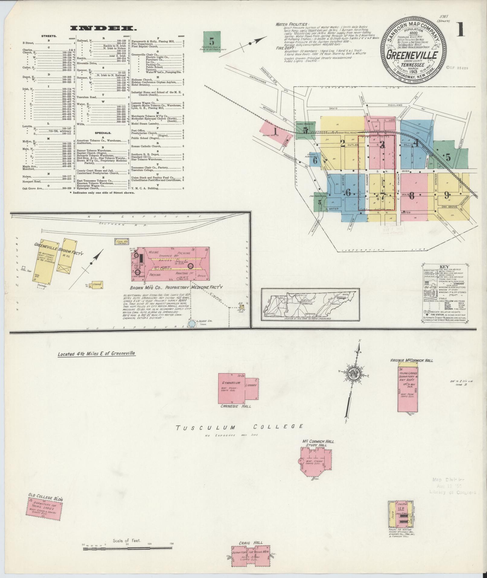 Sanborn Fire Insurance Map from Greeneville, Greene County, Tennessee (1913), Sheet #0001 - Complete Map Set gallery image, historic Sanborn map, vintage wall art, Tennessee Tennessee