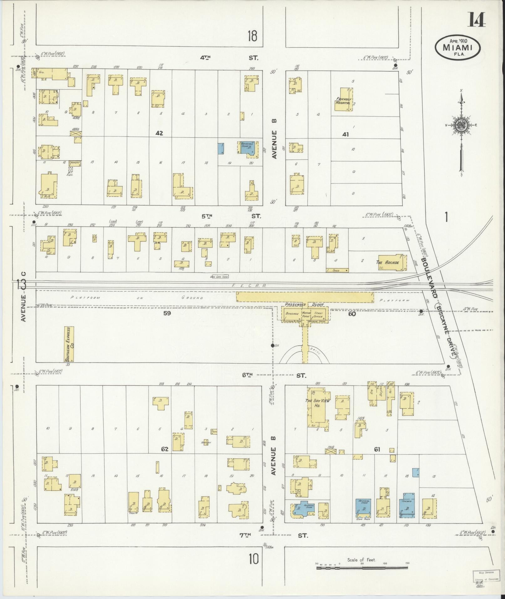 Sanborn Fire Insurance Map from Miami, Dade County, Florida (1910), Sheet #0014 - Complete Map Set gallery image, historic Sanborn map, vintage wall art, Florida Florida