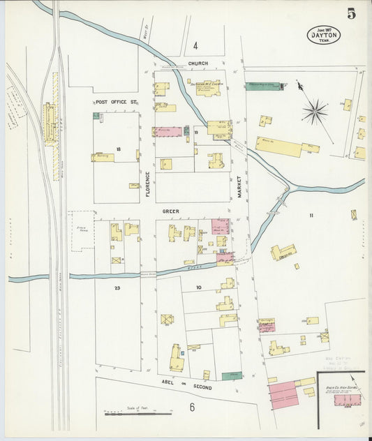 Sanborn Fire Insurance Map from Dayton, Rhea County, Tennessee (1907), Sheet #0005 - Historic Sanborn Fire Insurance Map Print, vintage old map wall art, antique decor, genealogy gift, Tennessee Tennessee map