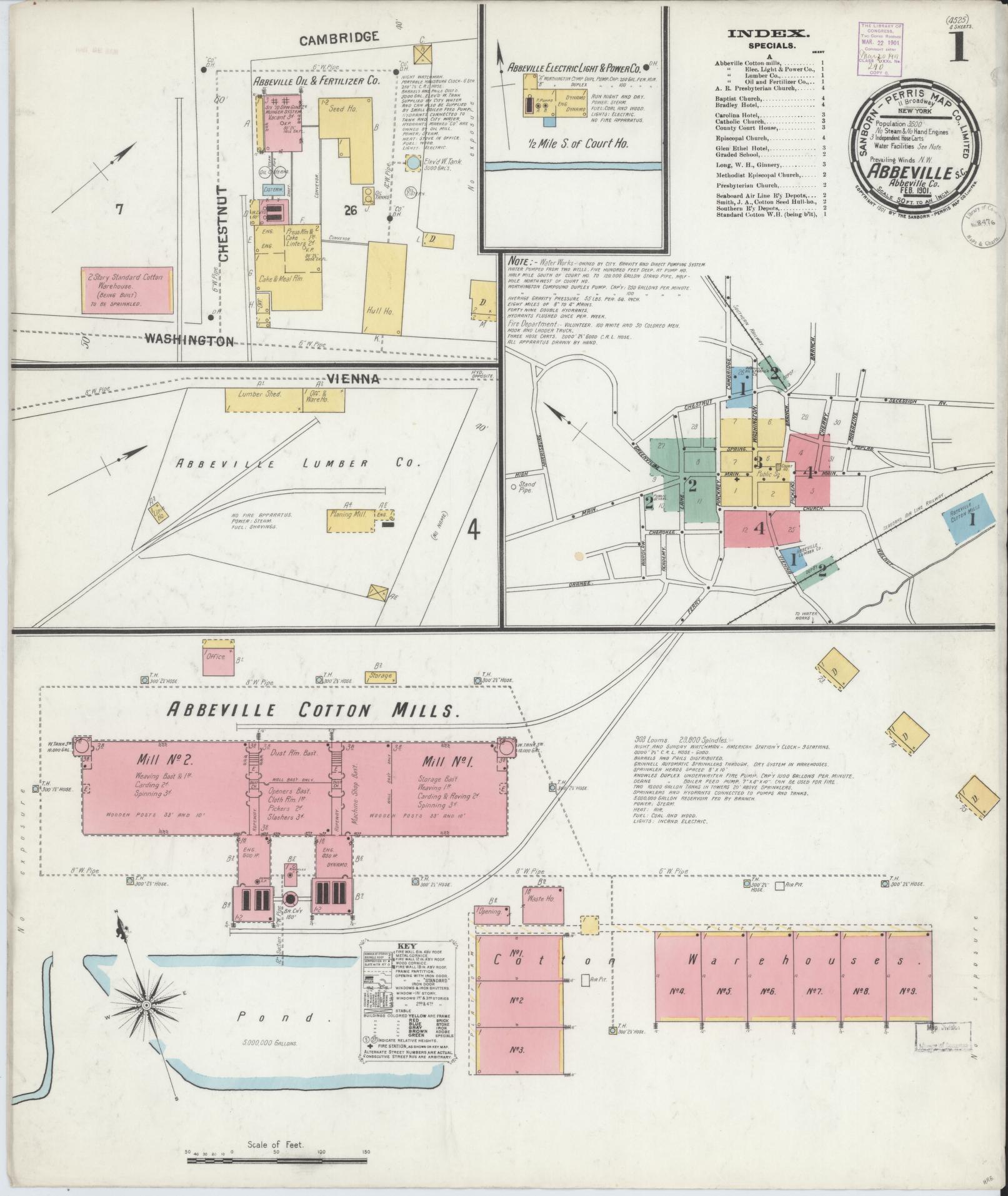 Sanborn Fire Insurance Map from Abbeville, Abbeville County, South Carolina (1901), Sheet #0001 - Complete Map Set gallery image, historic Sanborn map, vintage wall art, South Carolina South Carolina
