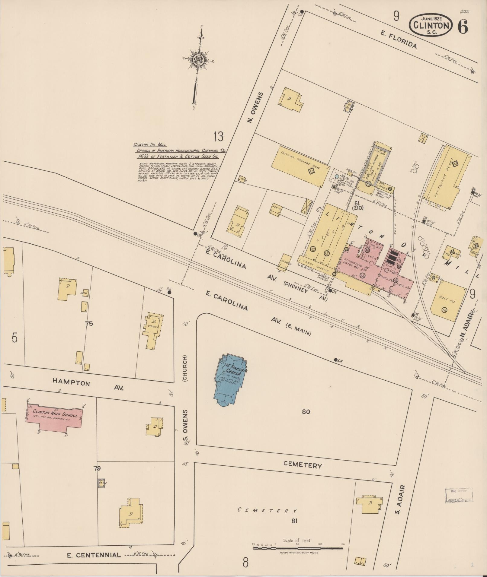 Sanborn Fire Insurance Map from Clinton, Laurens County, South Carolina (1922), Sheet #0006 - Historic Sanborn Fire Insurance Map Print, vintage old map wall art, antique decor, genealogy gift, South Carolina South Carolina map