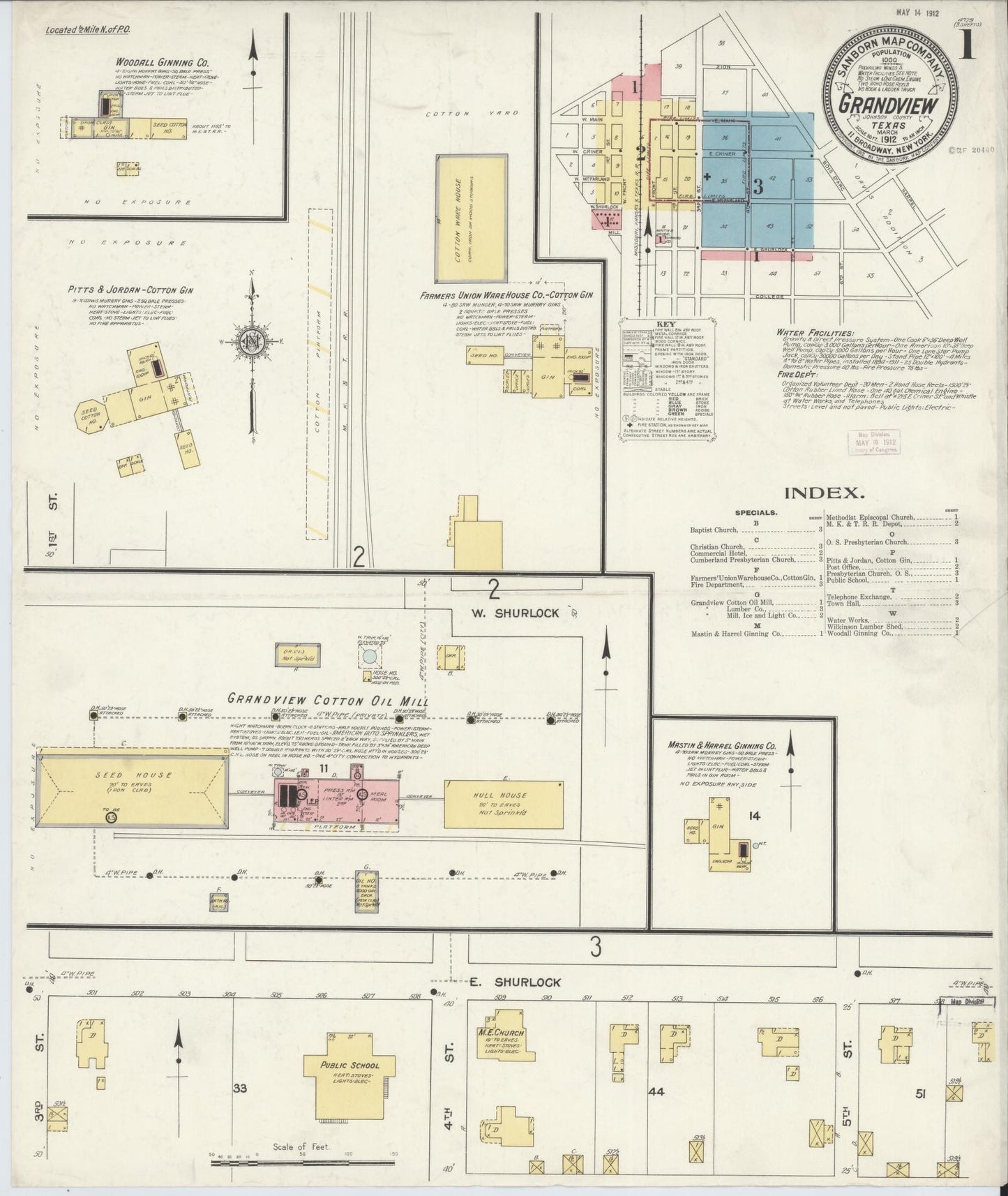 Sanborn Fire Insurance Map from Grandview, Johnson County, Texas (1912), Sheet #0001 - Historic Sanborn Fire Insurance Map Print, vintage old map wall art, antique decor, genealogy gift, Texas Texas map