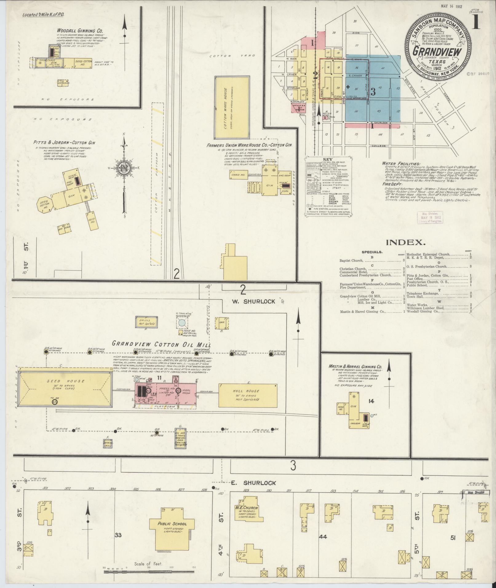 Sanborn Fire Insurance Map from Grandview, Johnson County, Texas (1912), Sheet #0001 - Historic Sanborn Fire Insurance Map Print, vintage old map wall art, antique decor, genealogy gift, Texas Texas map