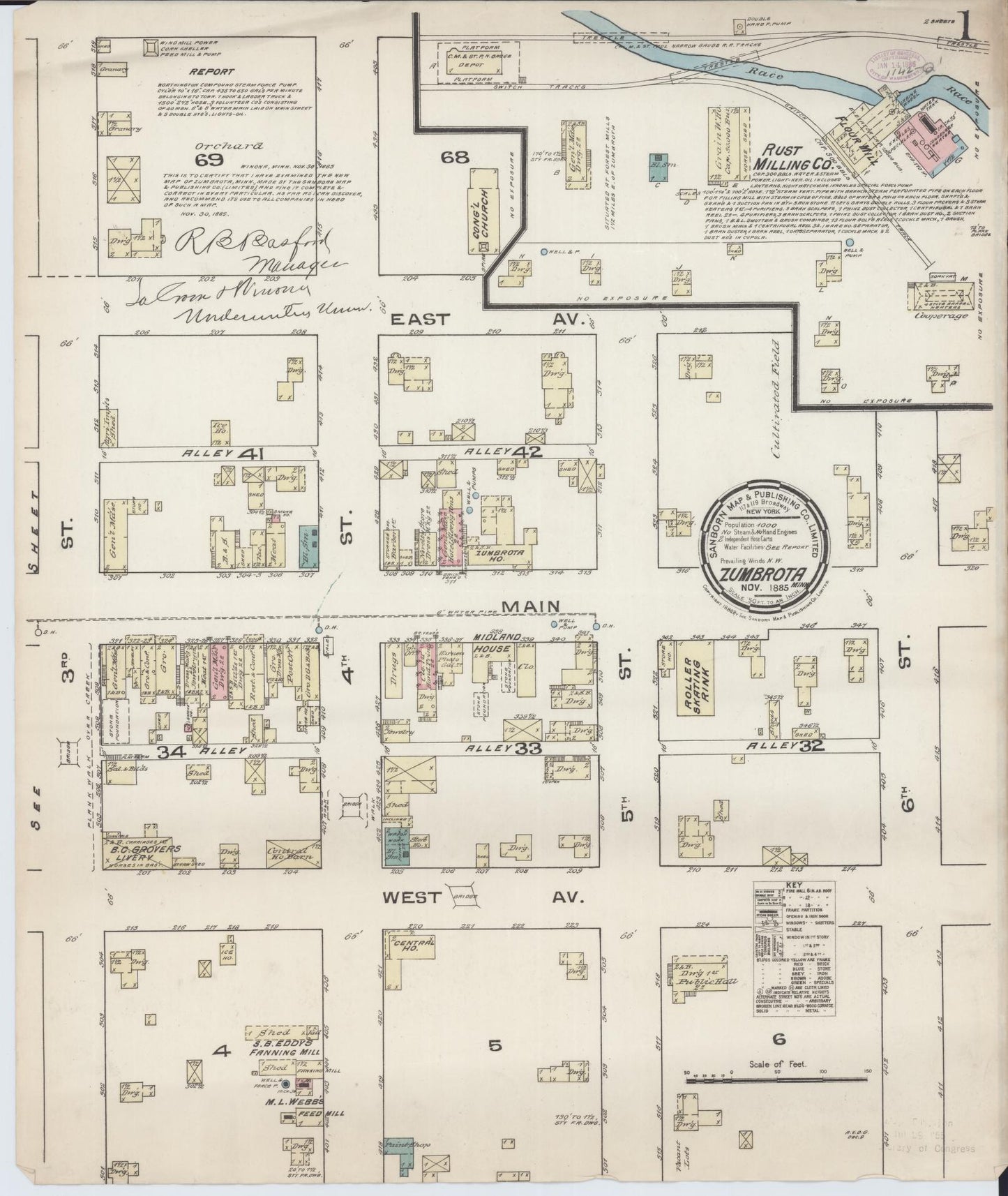 Sanborn Fire Insurance Map from Zumbrota, Goodhue County, Minnesota (1885), Sheet #0001 - Complete Map Set gallery image, historic Sanborn map, vintage wall art, Minnesota Minnesota
